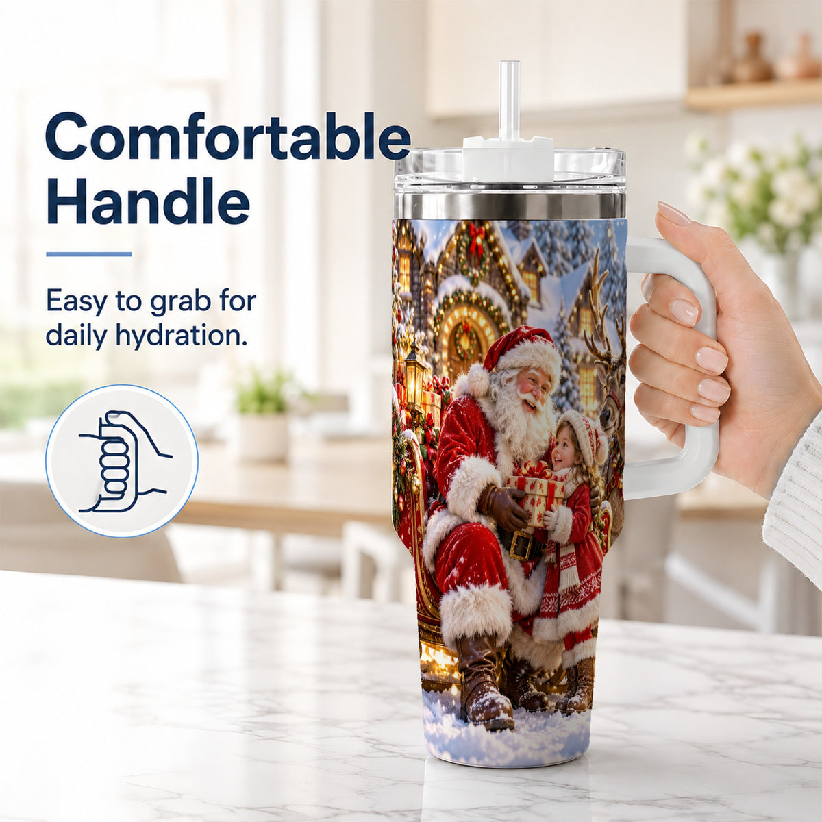 #pl[40oz|White] Santa Reindeer Tumbler 40oz, Christmas Tumbler, Stainless Steel Travel Cup