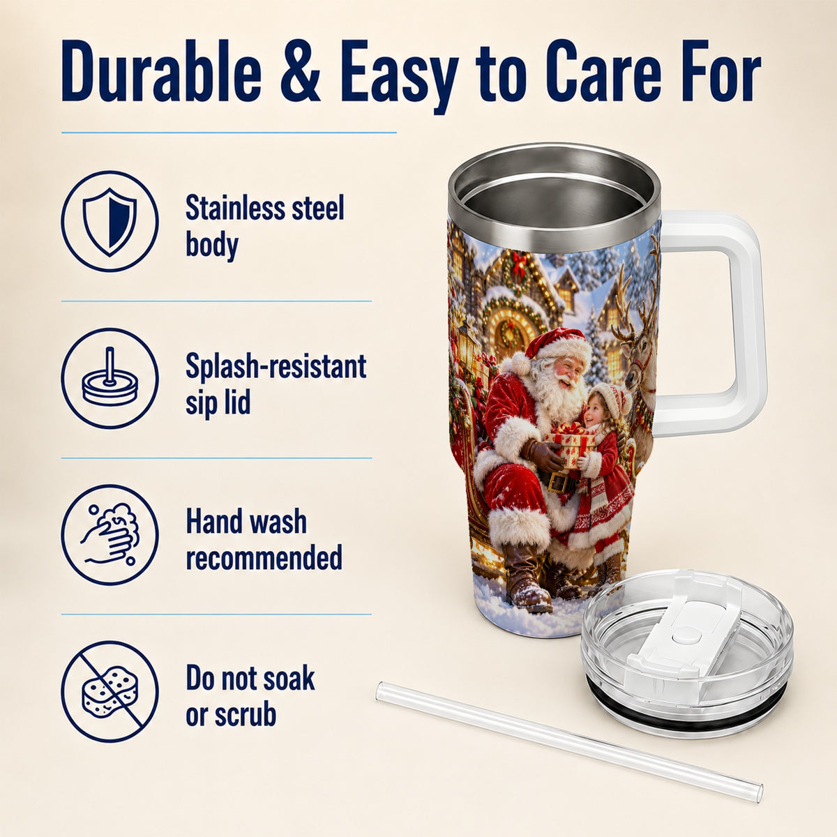Santa Reindeer Tumbler 40oz, Christmas Tumbler, Stainless Steel Travel Cup