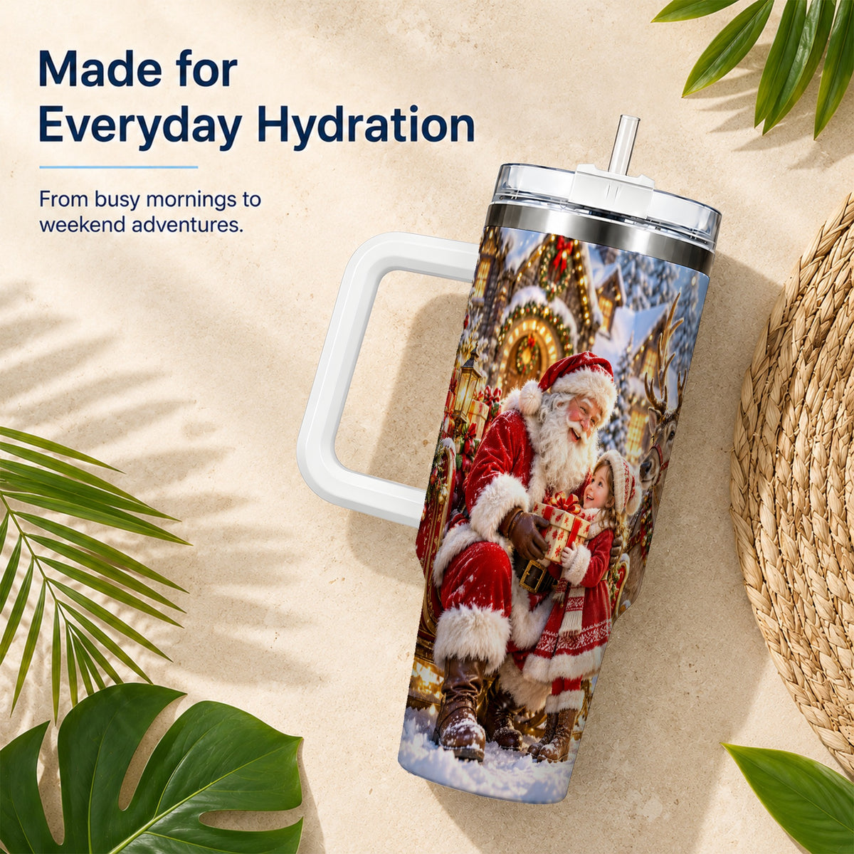 Santa Reindeer Tumbler 40oz, Christmas Tumbler, Stainless Steel Travel Cup