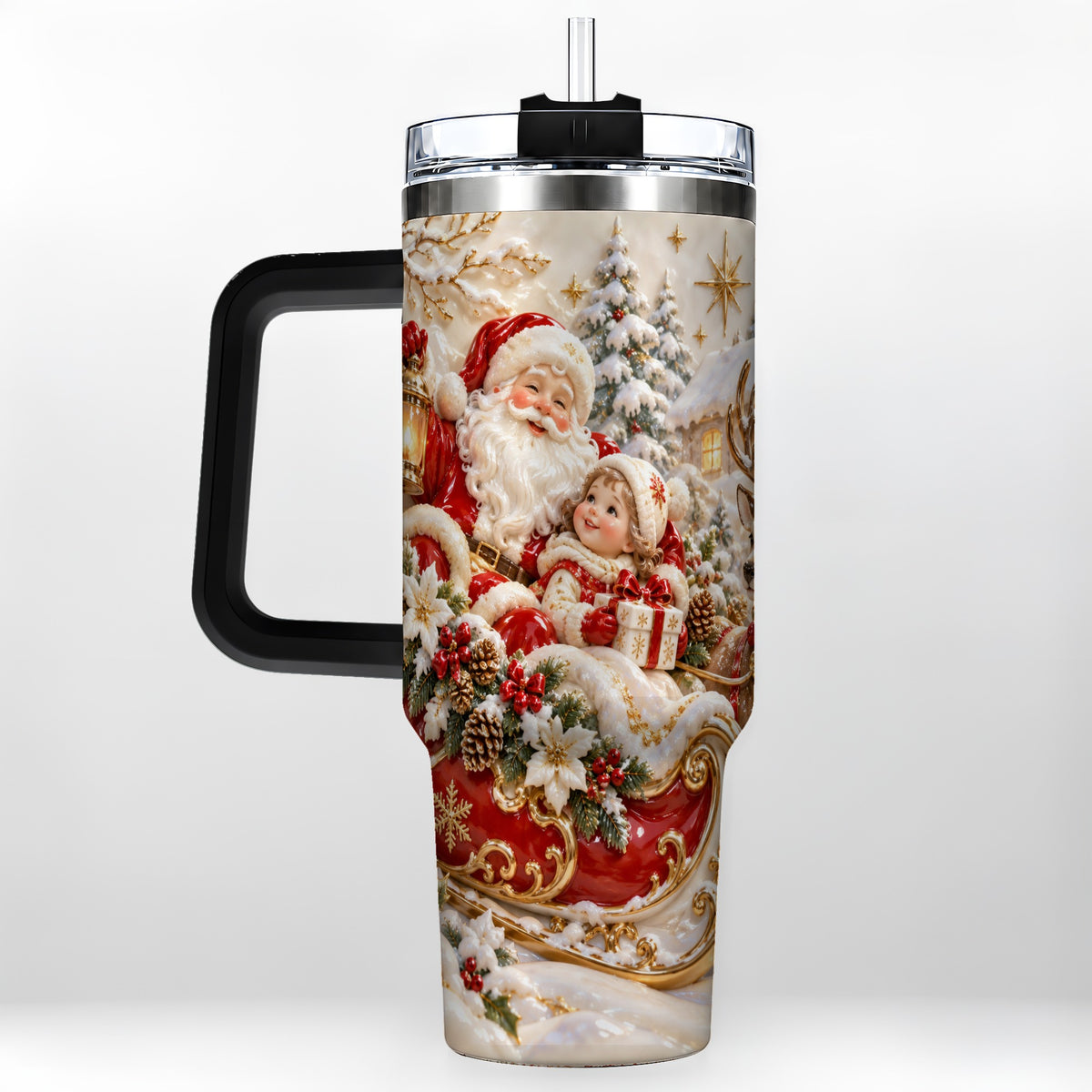 #pl[40oz|Black] Santa Sleigh Tumbler 40oz, Christmas Tumbler, Stainless Steel Travel Cup
