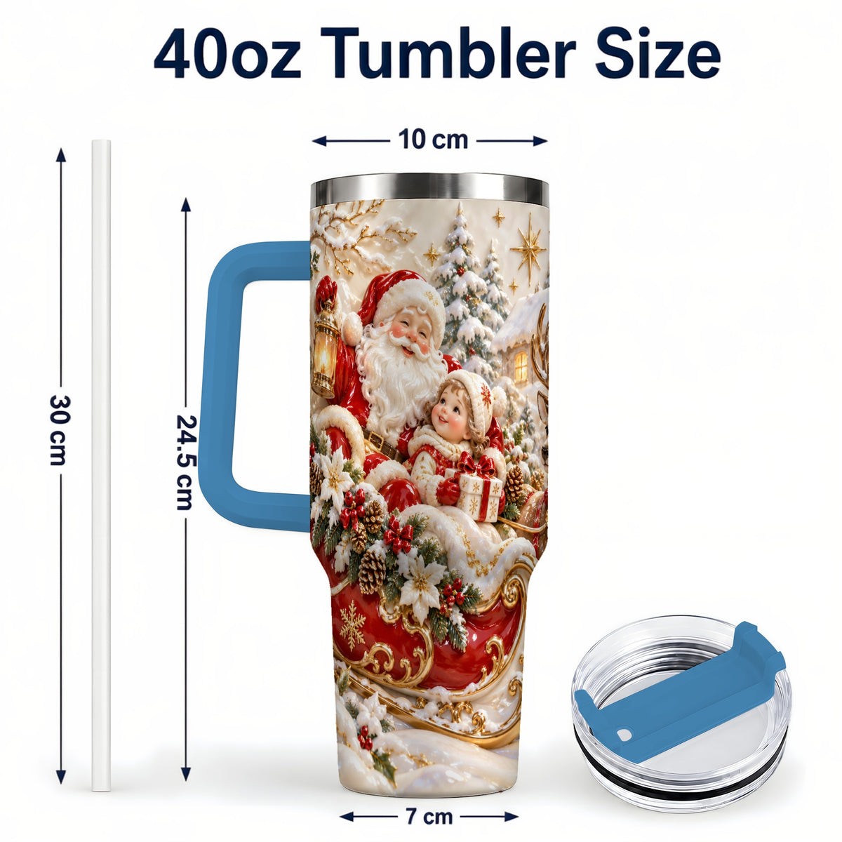 #pl[40oz|Blue] Santa Sleigh Tumbler 40oz, Christmas Tumbler, Stainless Steel Travel Cup
