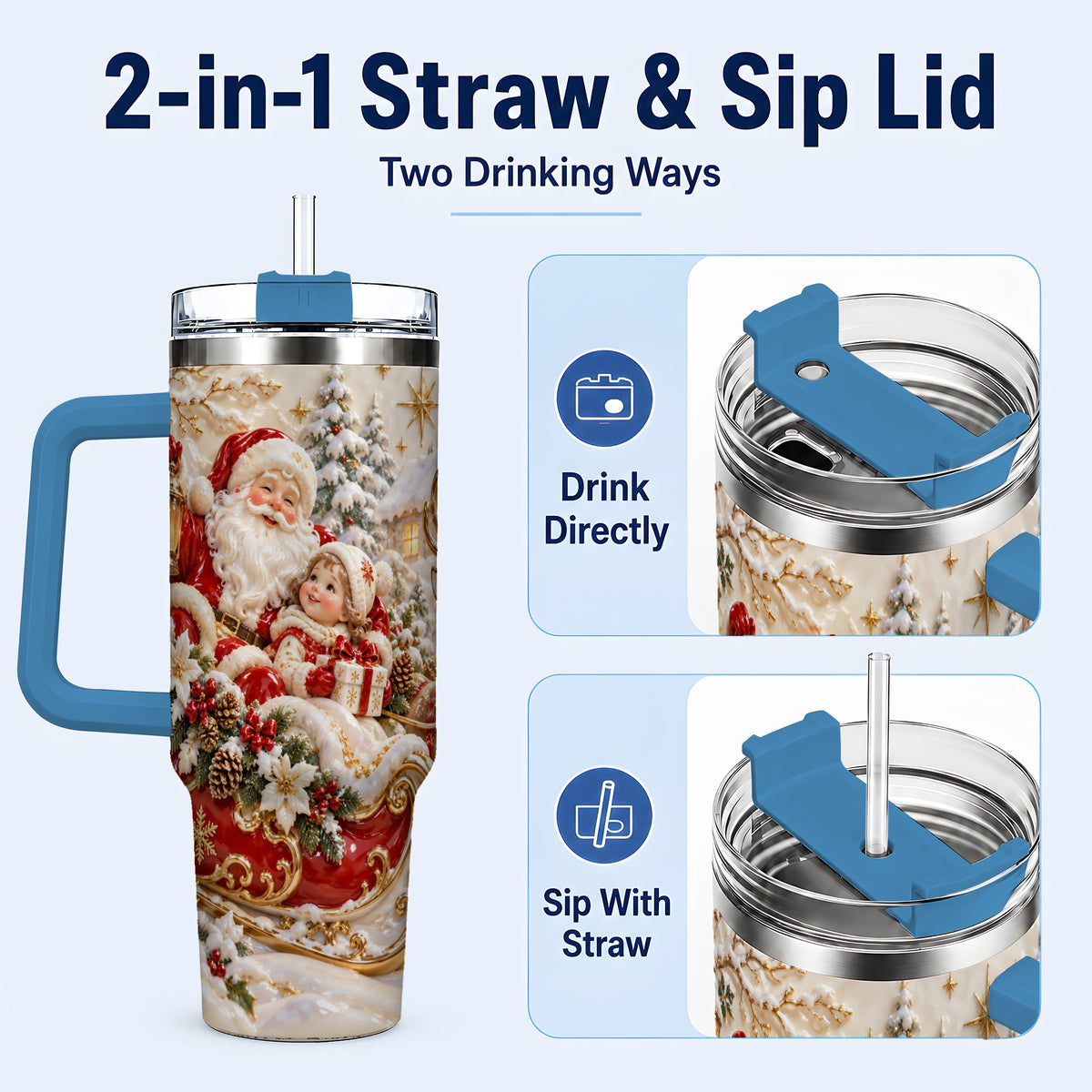 #pl[40oz|Blue] Santa Sleigh Tumbler 40oz, Christmas Tumbler, Stainless Steel Travel Cup