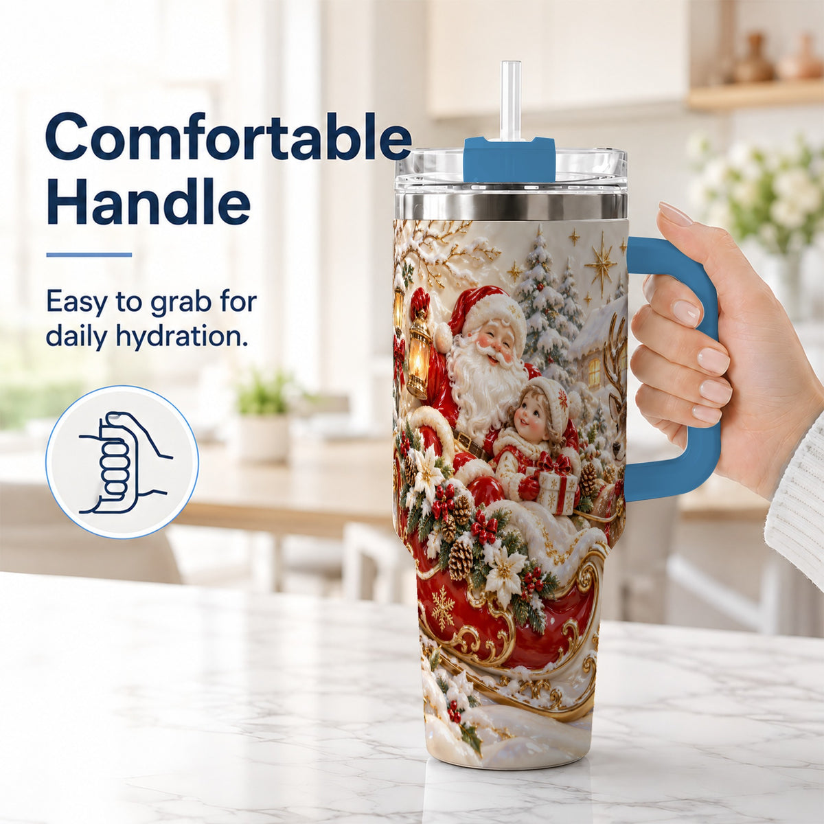 #pl[40oz|Blue] Santa Sleigh Tumbler 40oz, Christmas Tumbler, Stainless Steel Travel Cup
