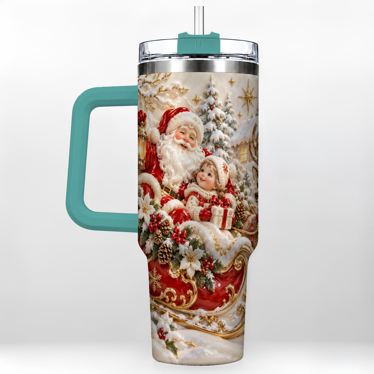 #pl[40oz|Green] Santa Sleigh Tumbler 40oz, Christmas Tumbler, Stainless Steel Travel Cup
