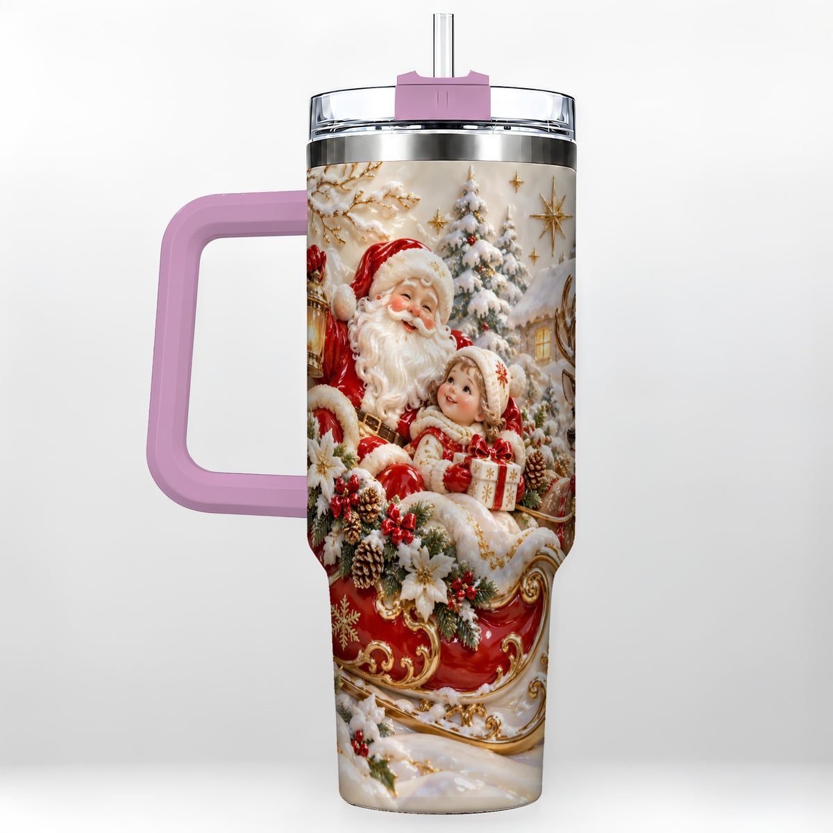 #pl[40oz|Pink] Santa Sleigh Tumbler 40oz, Christmas Tumbler, Stainless Steel Travel Cup