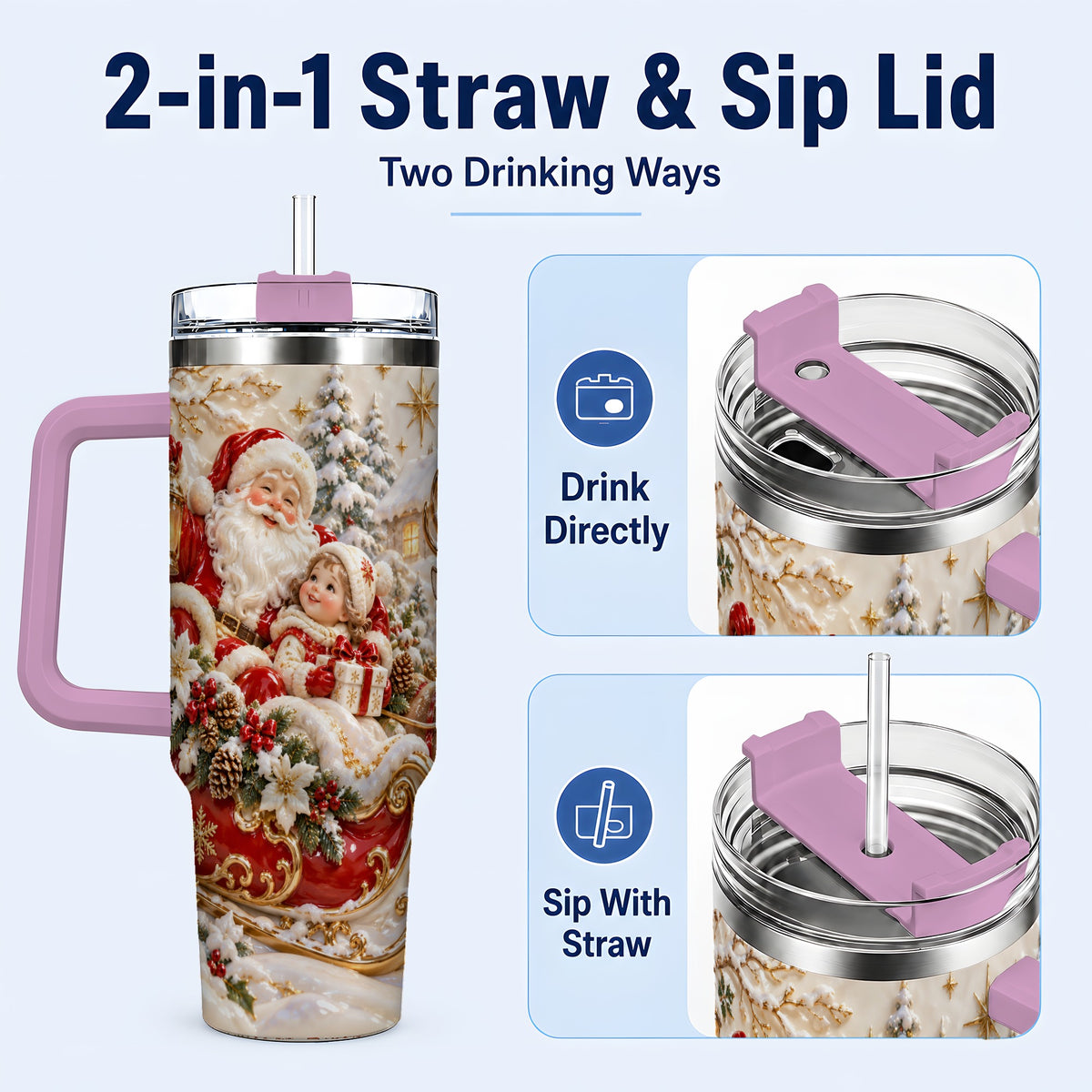 #pl[40oz|Pink] Santa Sleigh Tumbler 40oz, Christmas Tumbler, Stainless Steel Travel Cup