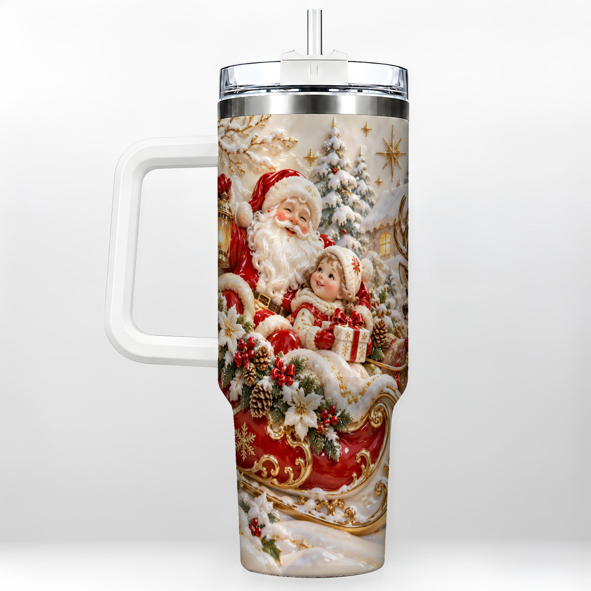 Santa Sleigh Tumbler 40oz, Christmas Tumbler, Stainless Steel Travel Cup