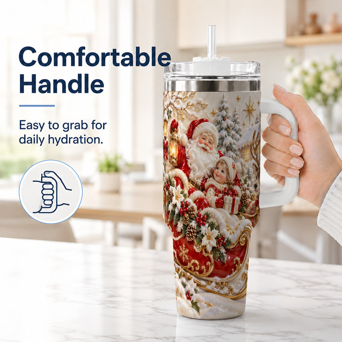 #pl[40oz|White] Santa Sleigh Tumbler 40oz, Christmas Tumbler, Stainless Steel Travel Cup