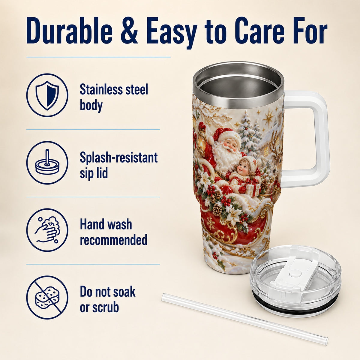 Santa Sleigh Tumbler 40oz, Christmas Tumbler, Stainless Steel Travel Cup