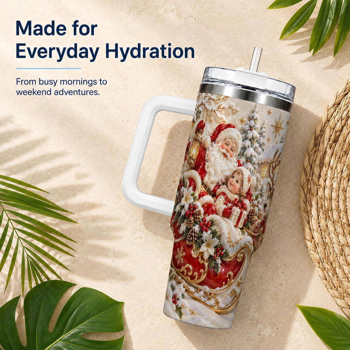 Santa Sleigh Tumbler 40oz, Christmas Tumbler, Stainless Steel Travel Cup