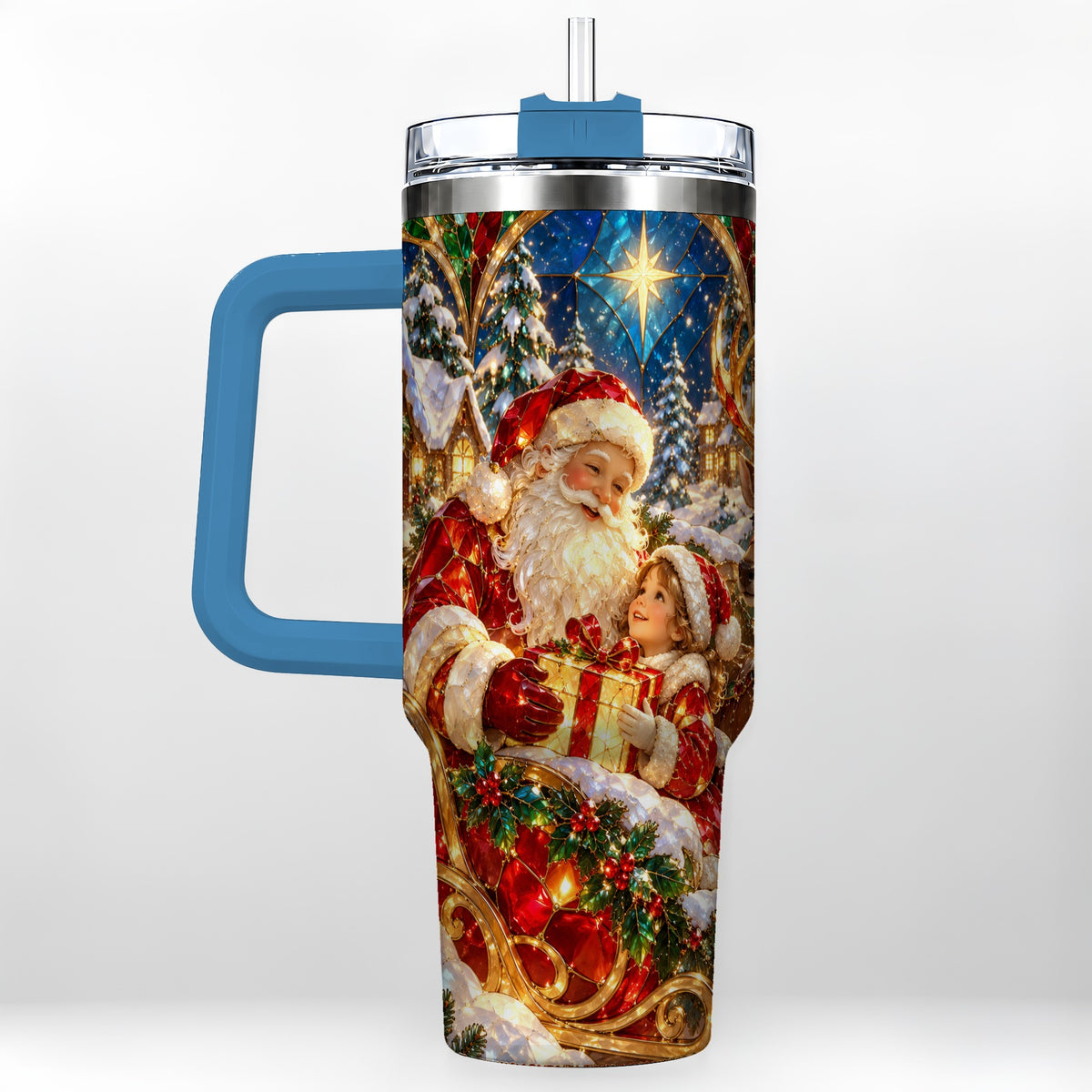 #pl[40oz|Blue] Santa Gift Tumbler 40oz, Holiday Tumbler, Stainless Steel Travel Cup