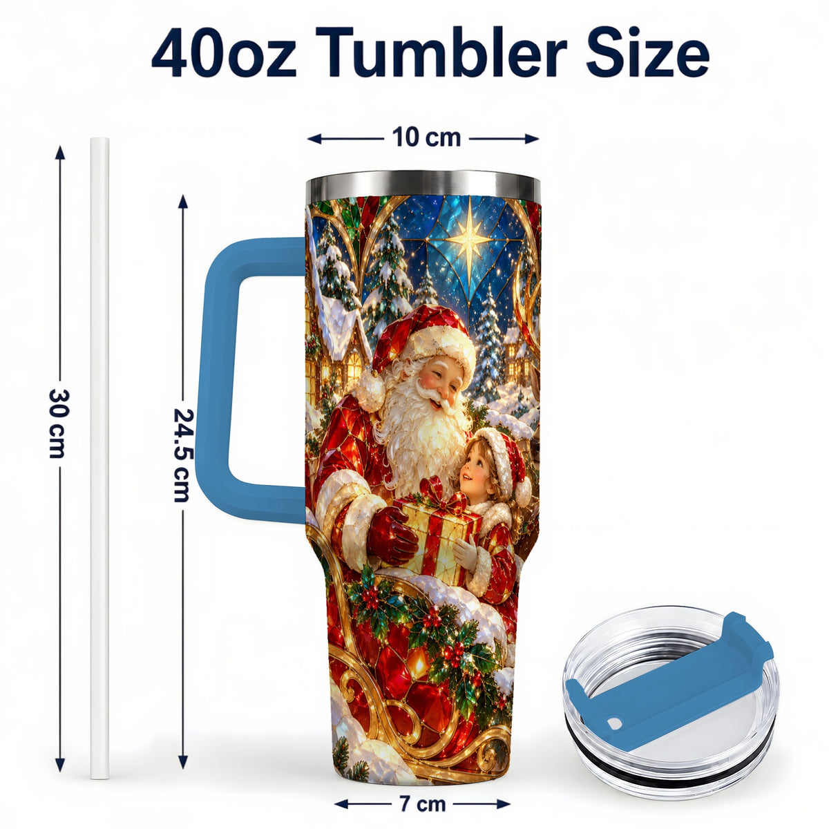 #pl[40oz|Blue] Santa Gift Tumbler 40oz, Holiday Tumbler, Stainless Steel Travel Cup
