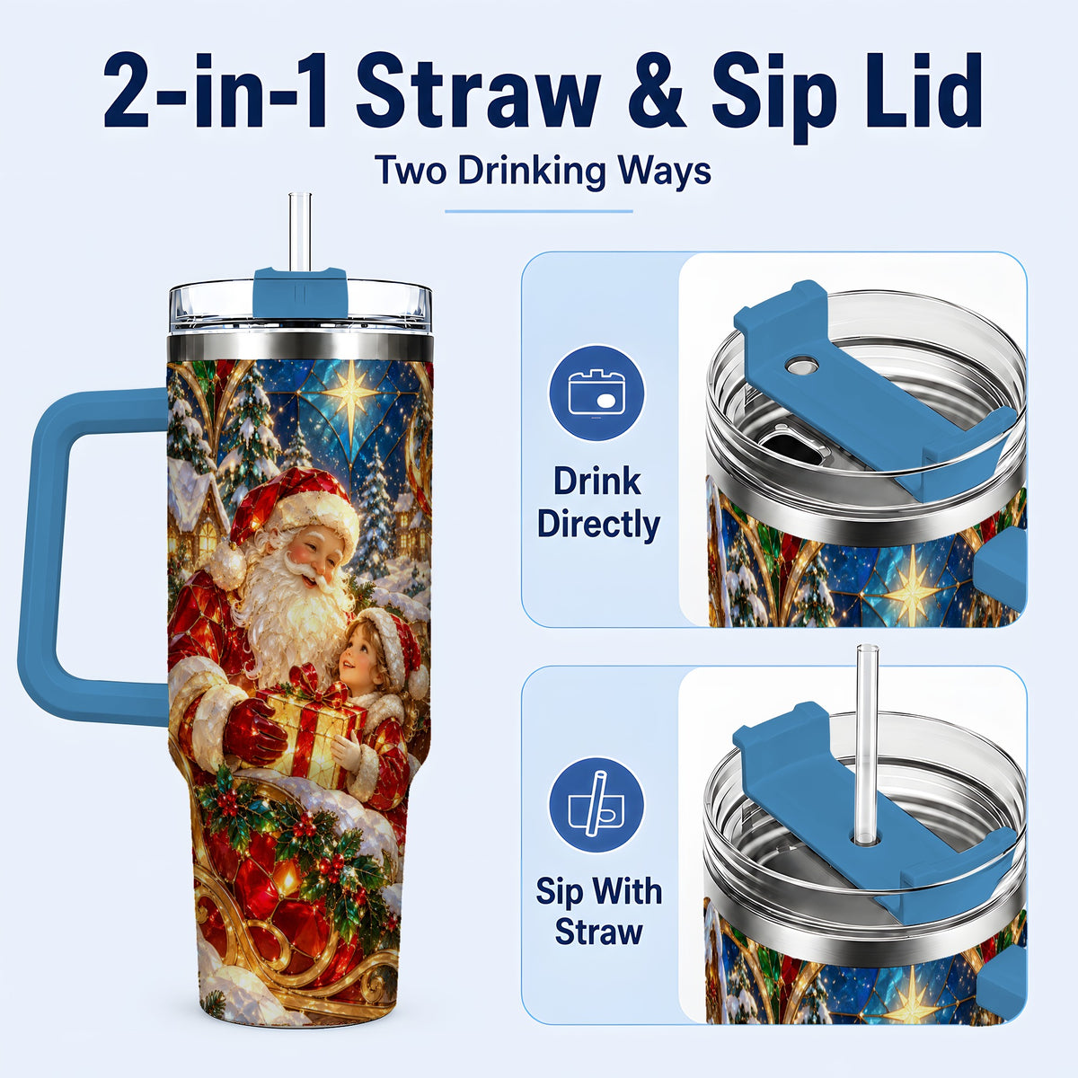 #pl[40oz|Blue] Santa Gift Tumbler 40oz, Holiday Tumbler, Stainless Steel Travel Cup