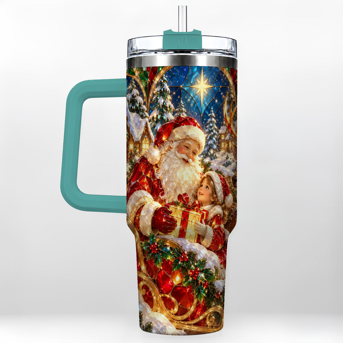 #pl[40oz|Green] Santa Gift Tumbler 40oz, Holiday Tumbler, Stainless Steel Travel Cup