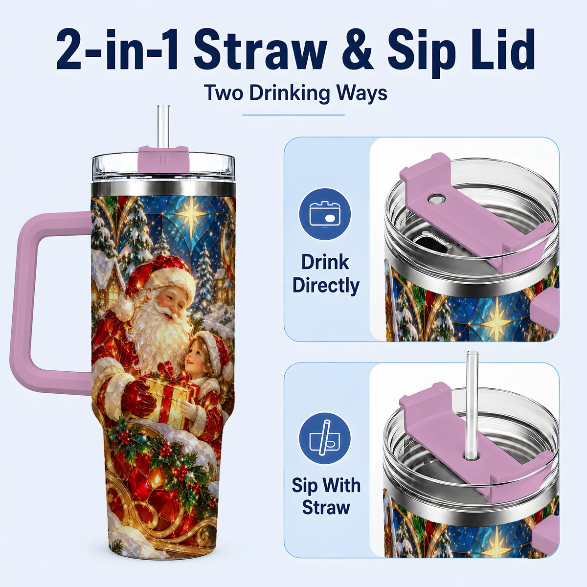 #pl[40oz|Pink] Santa Gift Tumbler 40oz, Holiday Tumbler, Stainless Steel Travel Cup