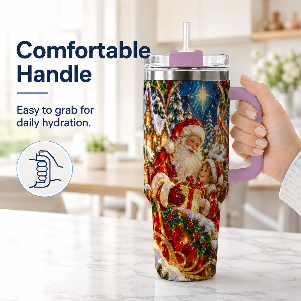 #pl[40oz|Pink] Santa Gift Tumbler 40oz, Holiday Tumbler, Stainless Steel Travel Cup