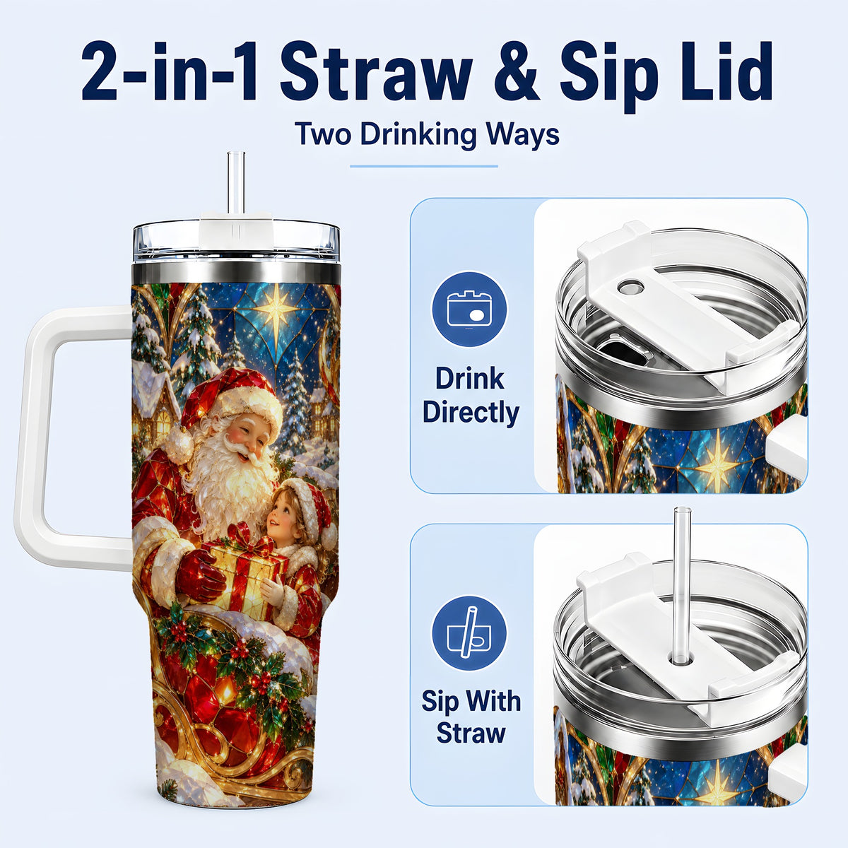 #pl[40oz|White] Santa Gift Tumbler 40oz, Holiday Tumbler, Stainless Steel Travel Cup