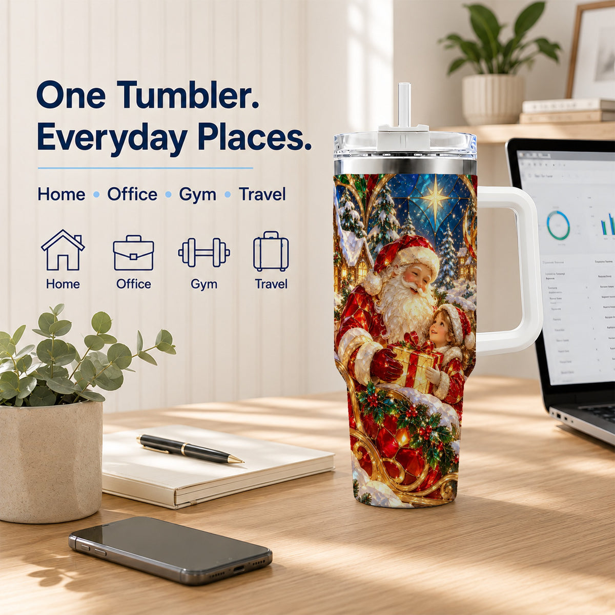 Santa Gift Tumbler 40oz, Holiday Tumbler, Stainless Steel Travel Cup