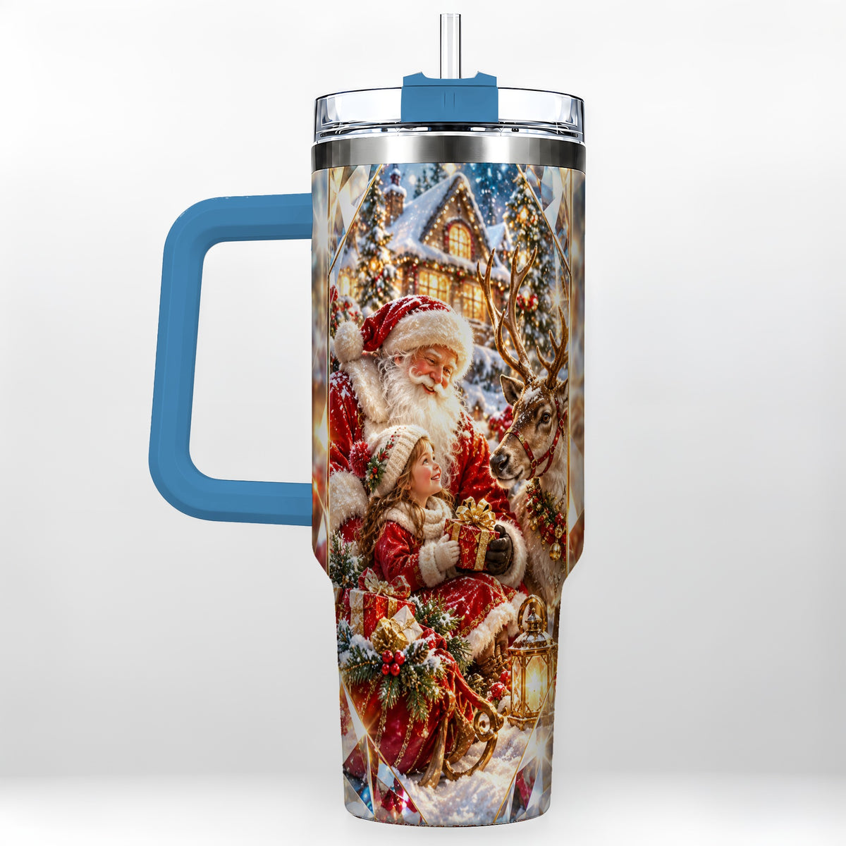 #pl[40oz|Blue] Santa Village Tumbler 40oz, Winter Tumbler, Stainless Steel Travel Cup