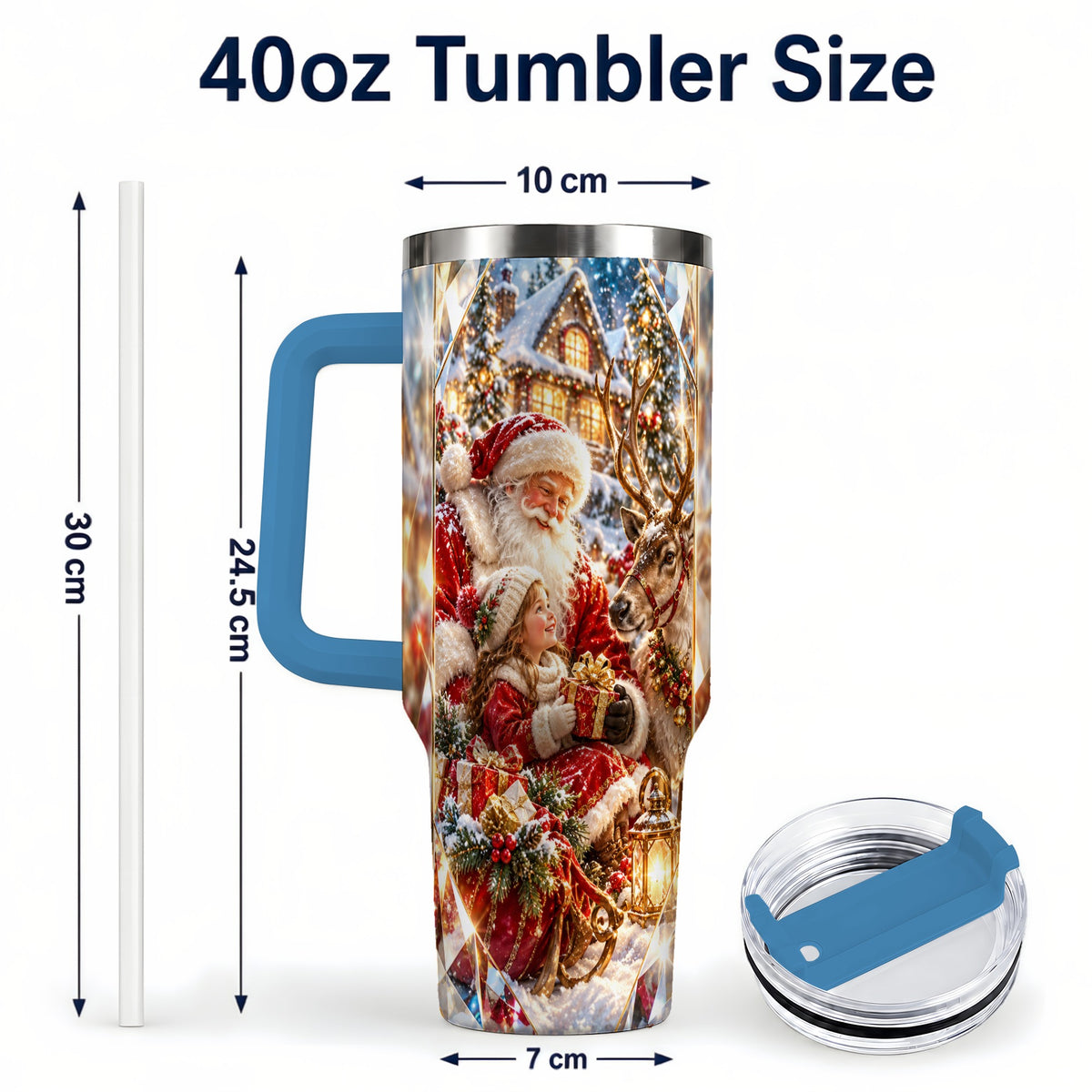 #pl[40oz|Blue] Santa Village Tumbler 40oz, Winter Tumbler, Stainless Steel Travel Cup