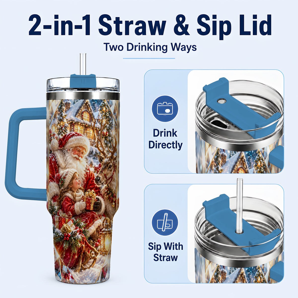 #pl[40oz|Blue] Santa Village Tumbler 40oz, Winter Tumbler, Stainless Steel Travel Cup