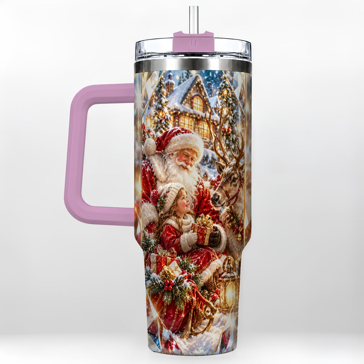 #pl[40oz|Pink] Santa Village Tumbler 40oz, Winter Tumbler, Stainless Steel Travel Cup