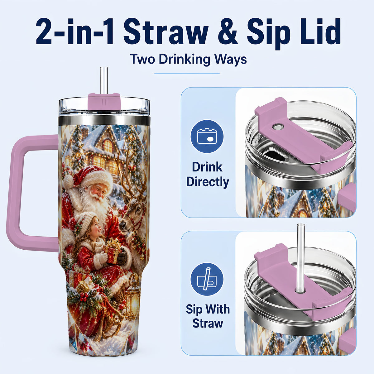 #pl[40oz|Pink] Santa Village Tumbler 40oz, Winter Tumbler, Stainless Steel Travel Cup