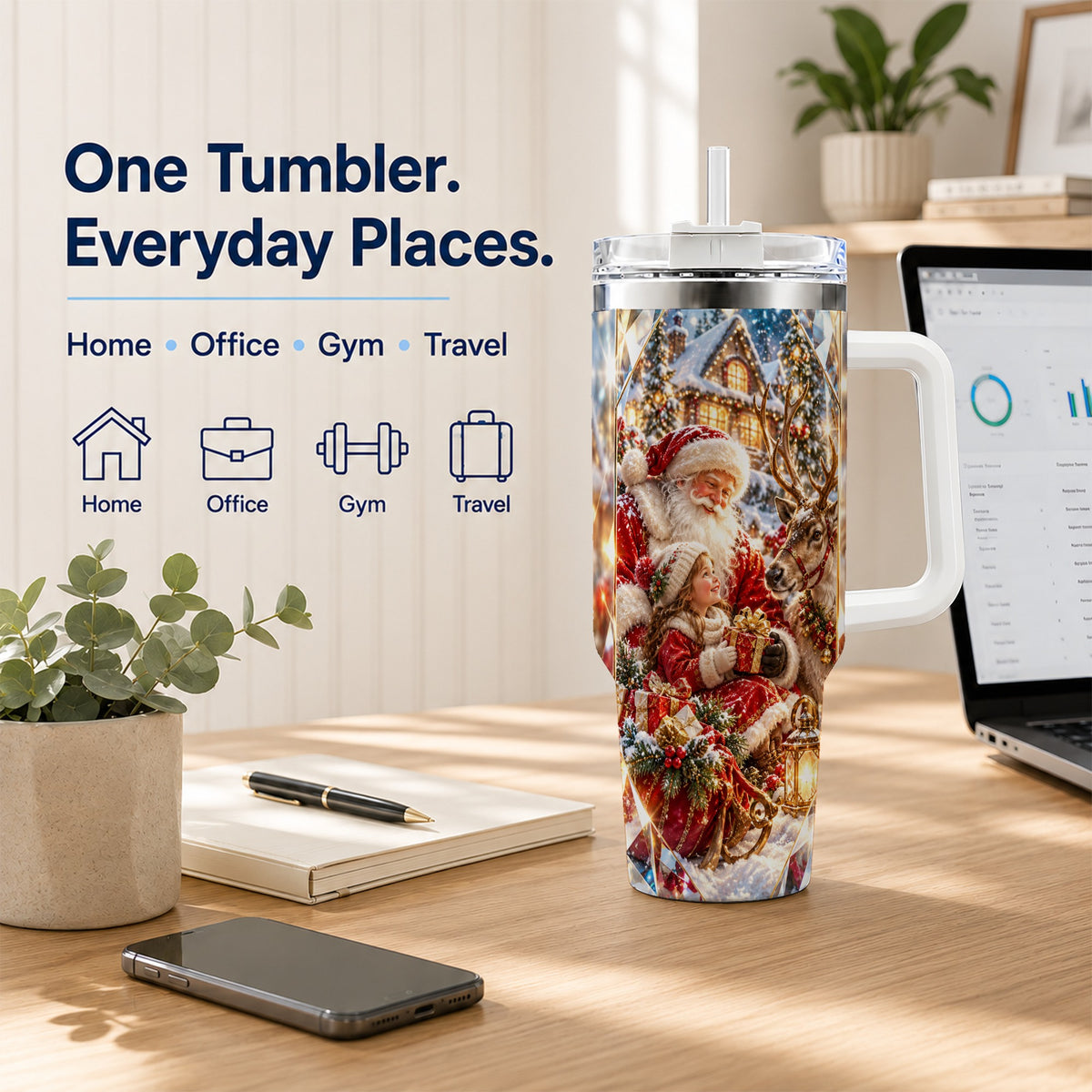 Santa Village Tumbler 40oz, Winter Tumbler, Stainless Steel Travel Cup