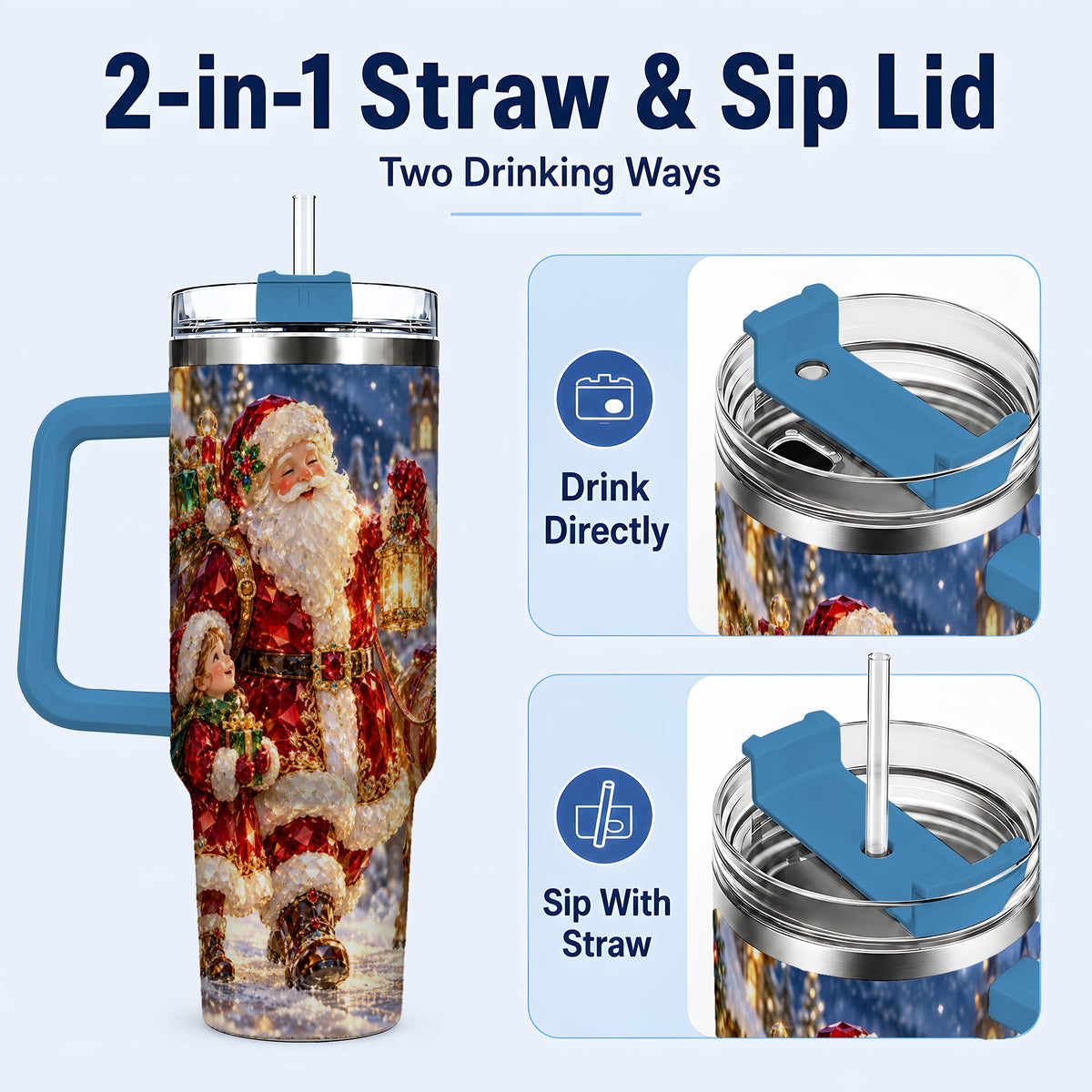 #pl[40oz|Blue] Santa Lantern Tumbler 40oz, Holiday Tumbler, Stainless Steel Travel Cup