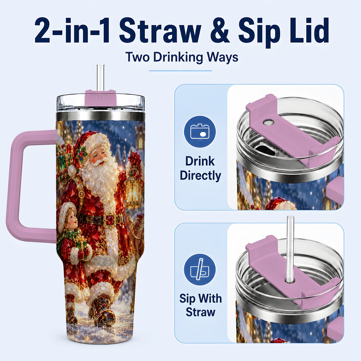 #pl[40oz|Pink] Santa Lantern Tumbler 40oz, Holiday Tumbler, Stainless Steel Travel Cup