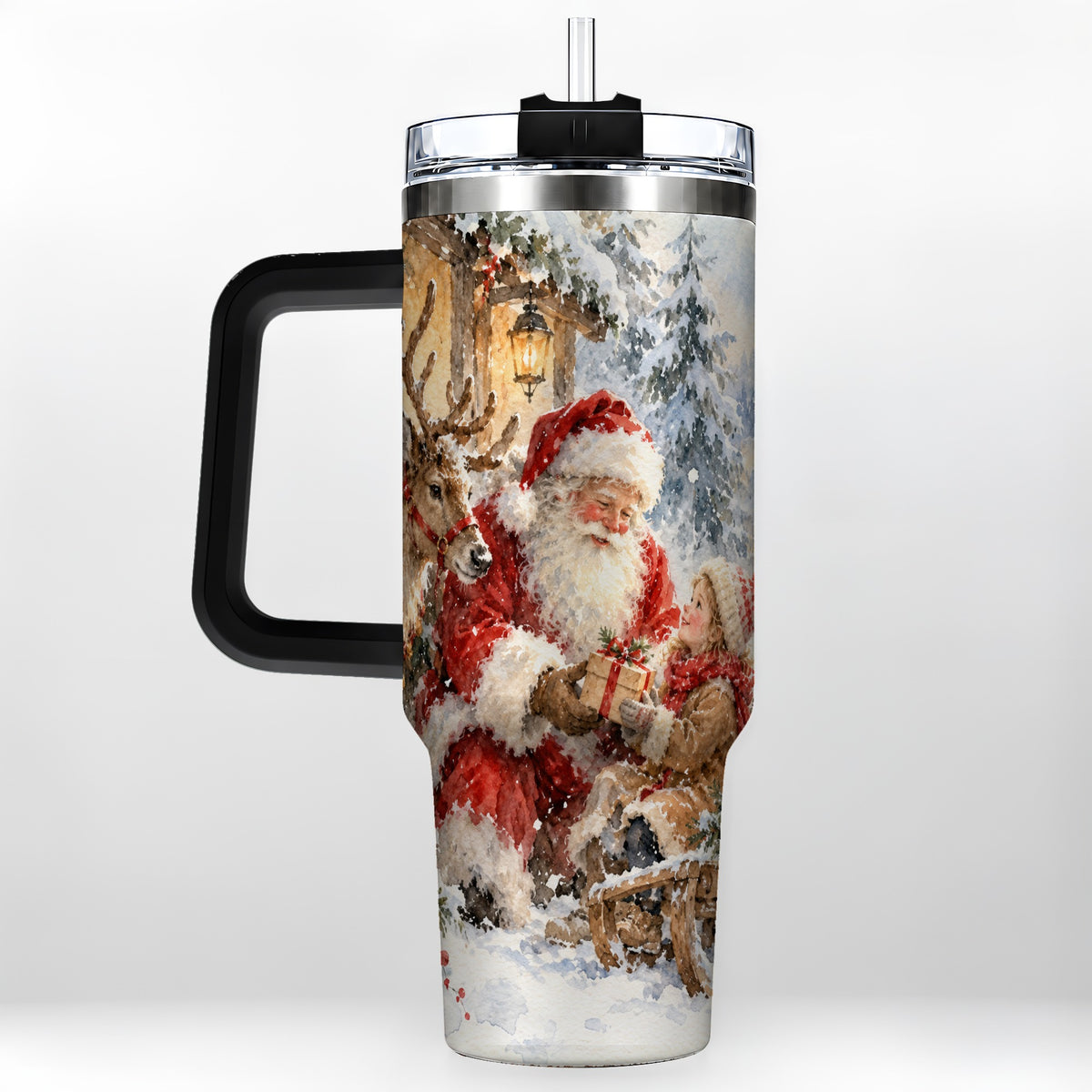 #pl[40oz|Black] Santa Watercolor Tumbler 40oz, Winter Tumbler, Stainless Steel Travel Cup