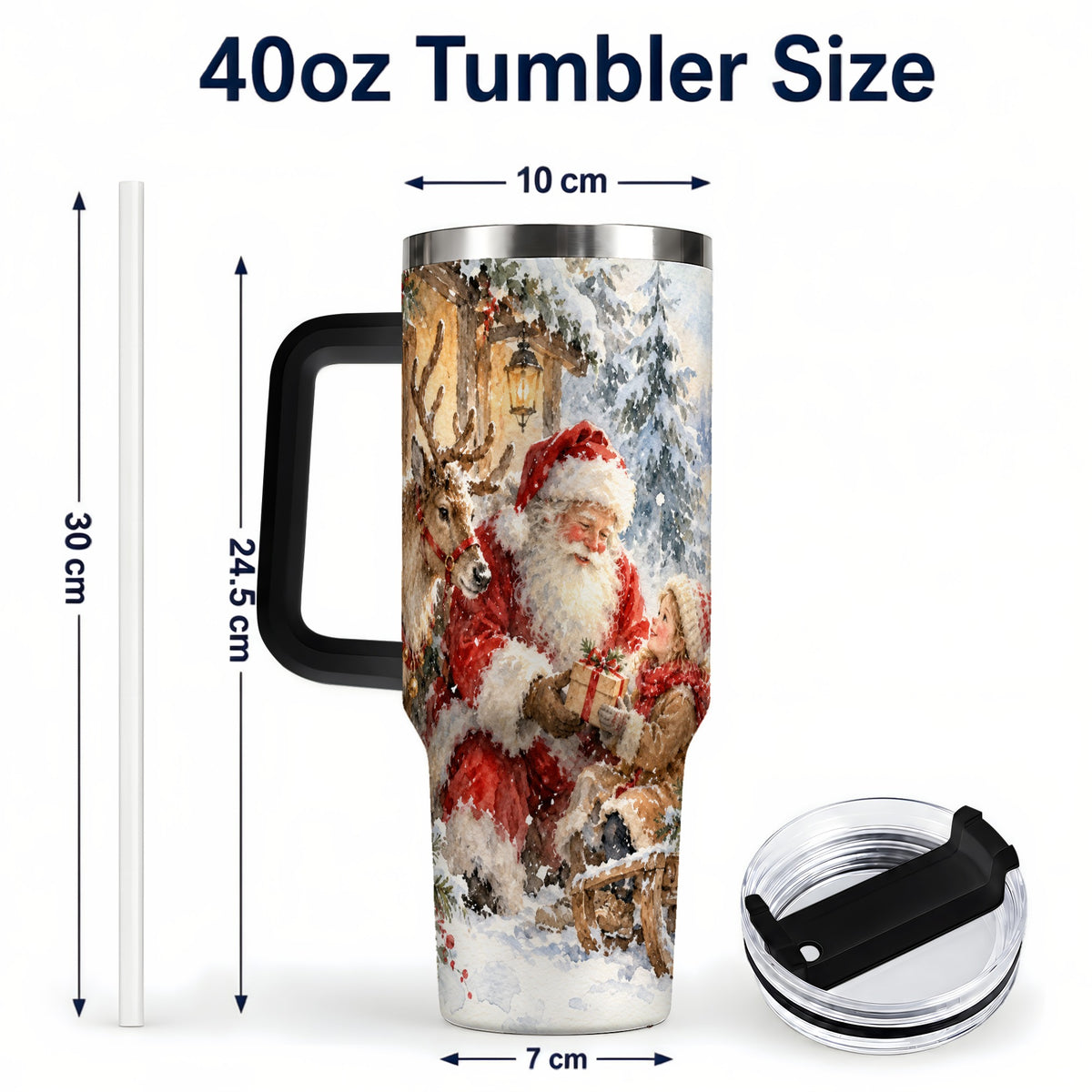 #pl[40oz|Black] Santa Watercolor Tumbler 40oz, Winter Tumbler, Stainless Steel Travel Cup
