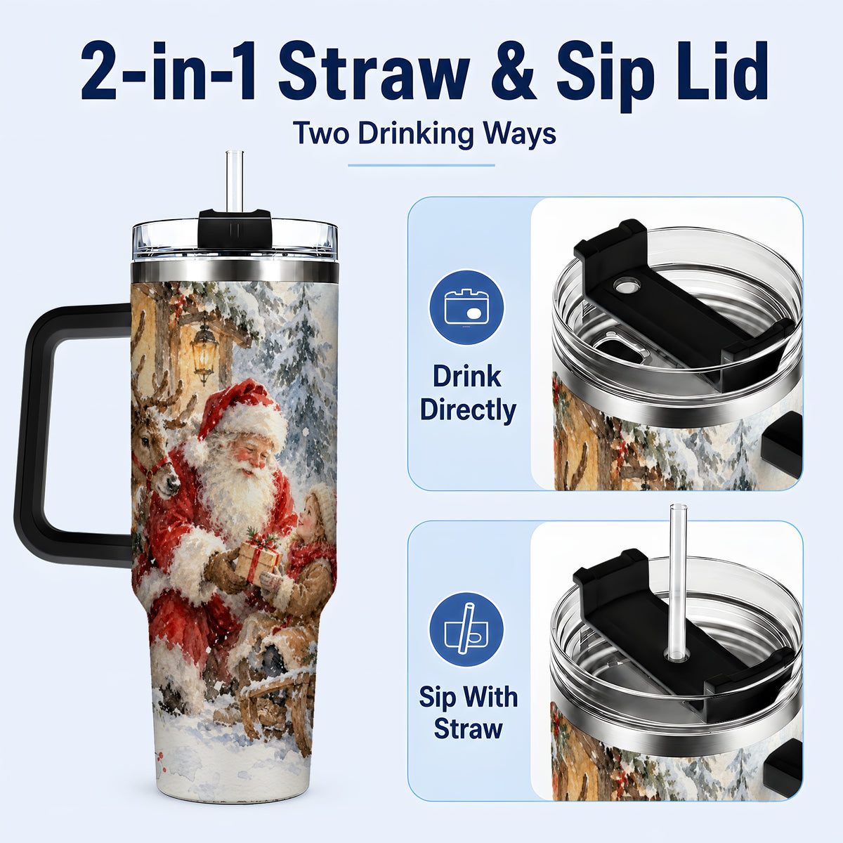 #pl[40oz|Black] Santa Watercolor Tumbler 40oz, Winter Tumbler, Stainless Steel Travel Cup