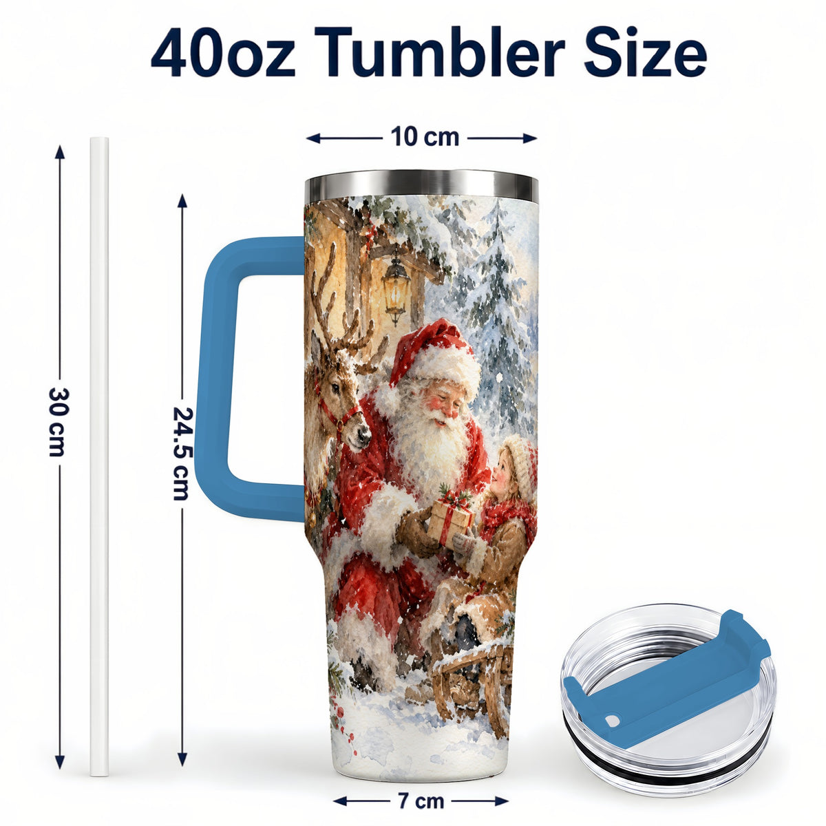#pl[40oz|Blue] Santa Watercolor Tumbler 40oz, Winter Tumbler, Stainless Steel Travel Cup