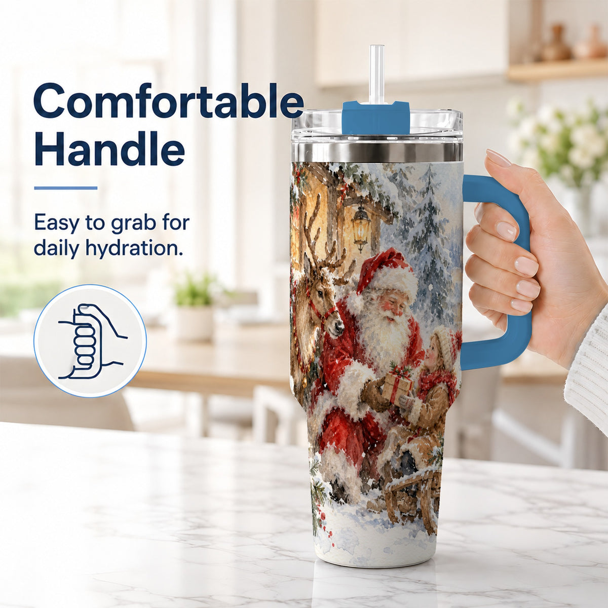 #pl[40oz|Blue] Santa Watercolor Tumbler 40oz, Winter Tumbler, Stainless Steel Travel Cup