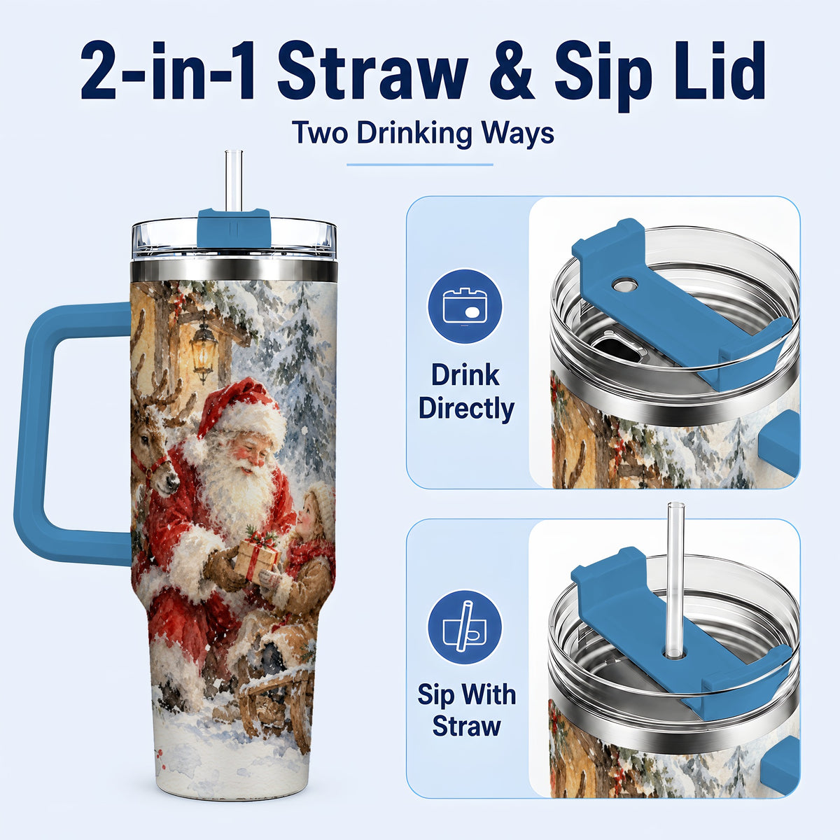 #pl[40oz|Blue] Santa Watercolor Tumbler 40oz, Winter Tumbler, Stainless Steel Travel Cup