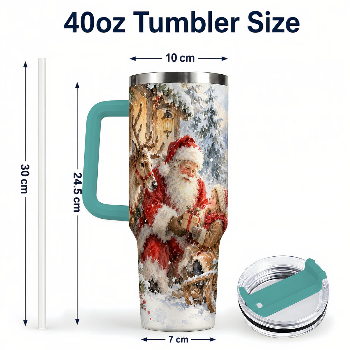 #pl[40oz|Green] Santa Watercolor Tumbler 40oz, Winter Tumbler, Stainless Steel Travel Cup