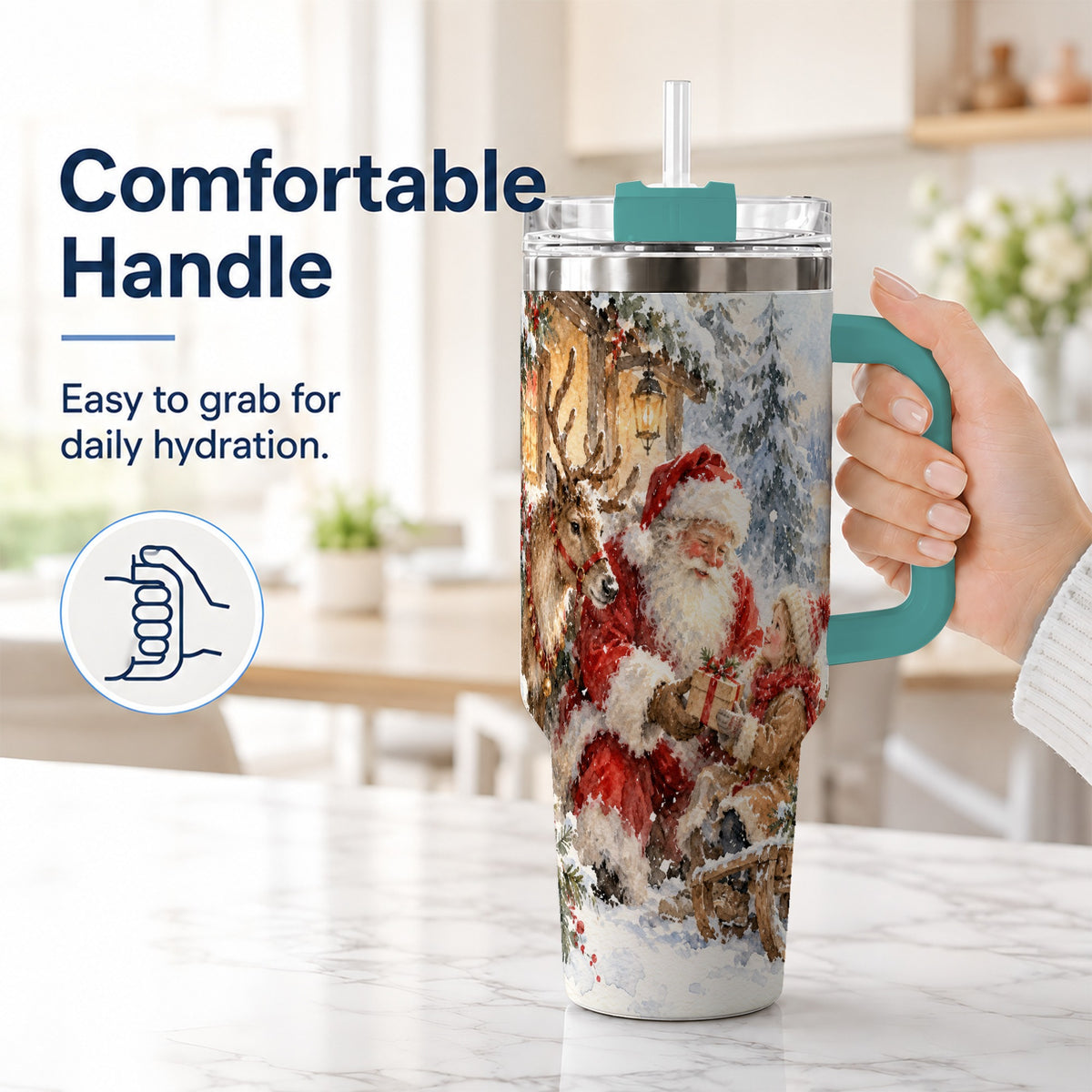 #pl[40oz|Green] Santa Watercolor Tumbler 40oz, Winter Tumbler, Stainless Steel Travel Cup