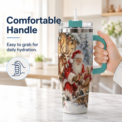 #pl[40oz|Green] Santa Watercolor Tumbler 40oz, Winter Tumbler, Stainless Steel Travel Cup