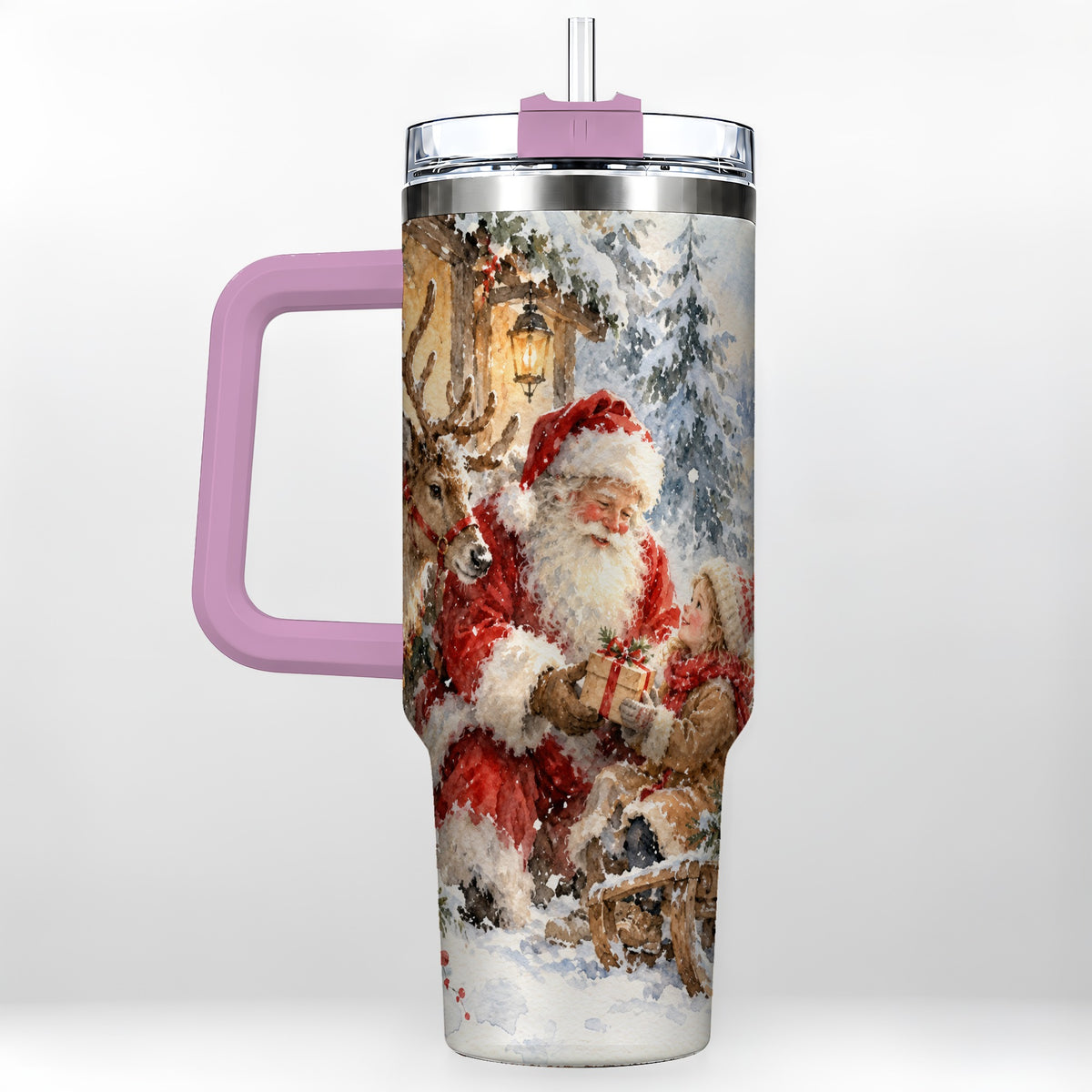 #pl[40oz|Pink] Santa Watercolor Tumbler 40oz, Winter Tumbler, Stainless Steel Travel Cup