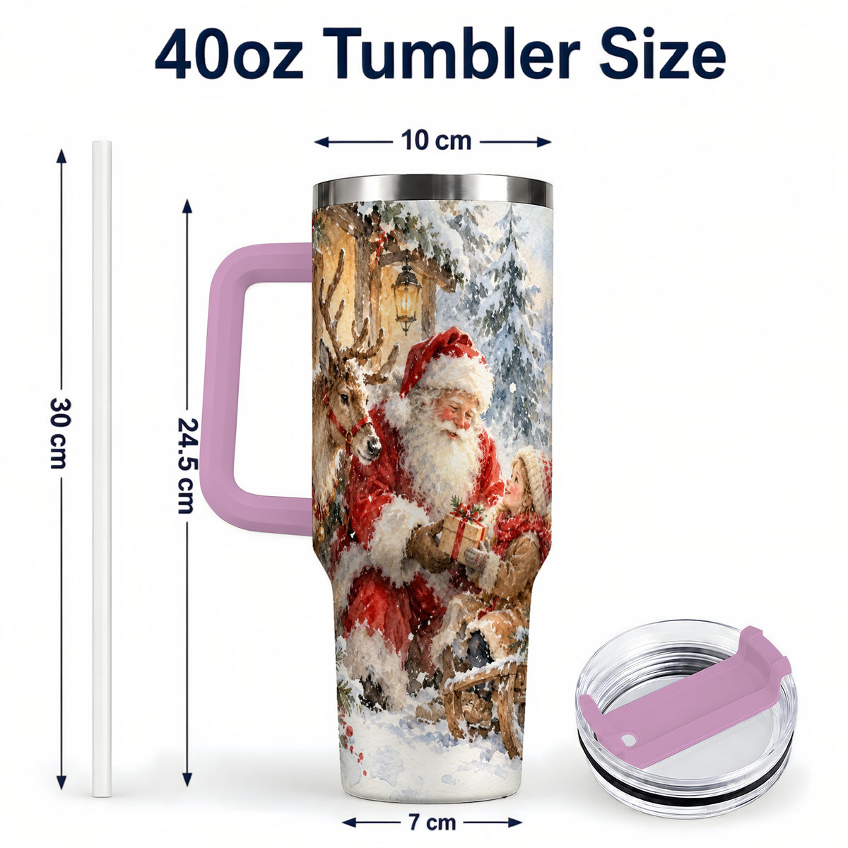 #pl[40oz|Pink] Santa Watercolor Tumbler 40oz, Winter Tumbler, Stainless Steel Travel Cup