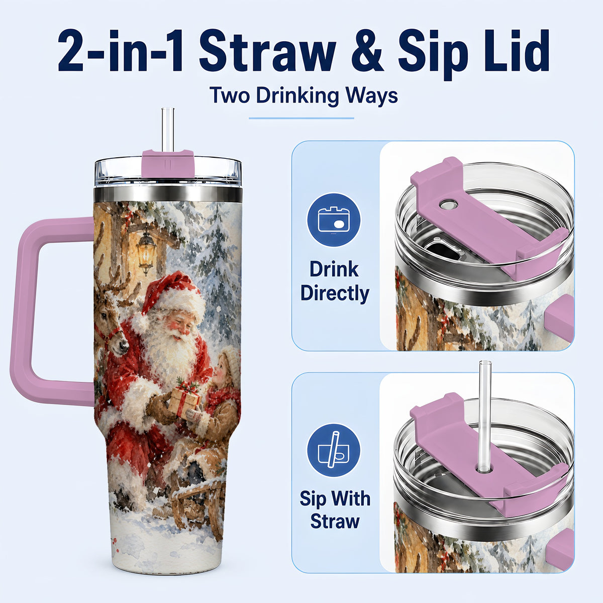 #pl[40oz|Pink] Santa Watercolor Tumbler 40oz, Winter Tumbler, Stainless Steel Travel Cup