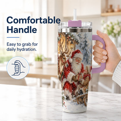 #pl[40oz|Pink] Santa Watercolor Tumbler 40oz, Winter Tumbler, Stainless Steel Travel Cup
