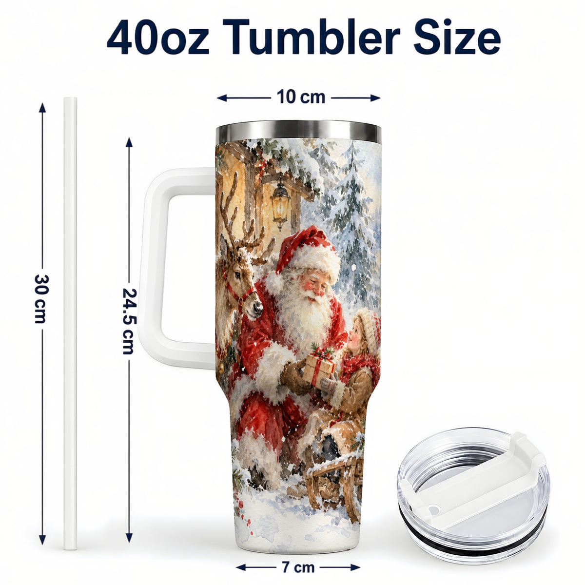 #pl[40oz|White] Santa Watercolor Tumbler 40oz, Winter Tumbler, Stainless Steel Travel Cup