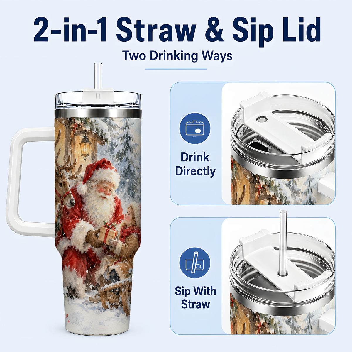 #pl[40oz|White] Santa Watercolor Tumbler 40oz, Winter Tumbler, Stainless Steel Travel Cup