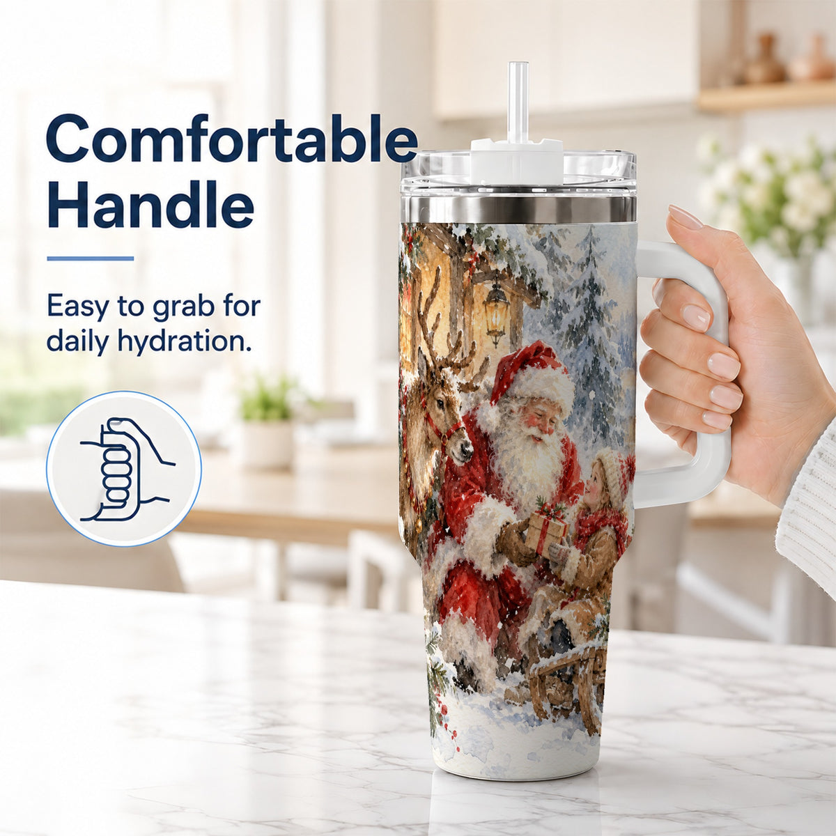 #pl[40oz|White] Santa Watercolor Tumbler 40oz, Winter Tumbler, Stainless Steel Travel Cup