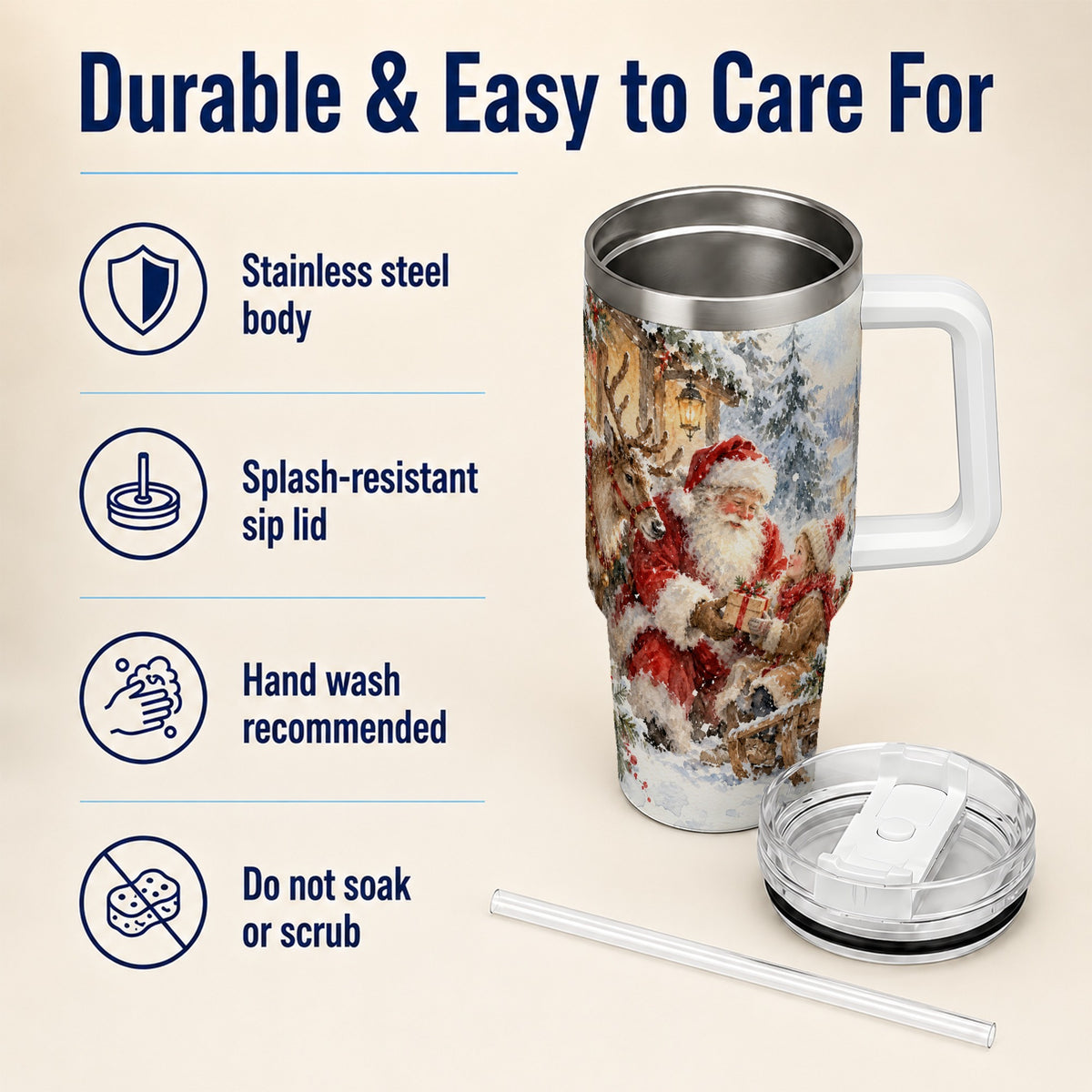 Santa Watercolor Tumbler 40oz, Winter Tumbler, Stainless Steel Travel Cup