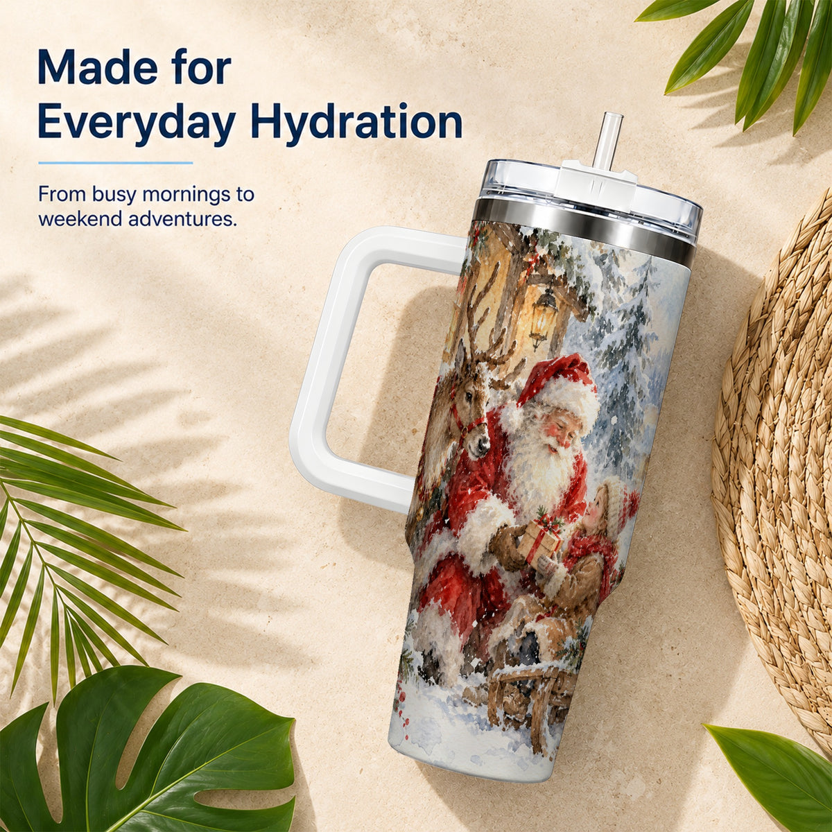 Santa Watercolor Tumbler 40oz, Winter Tumbler, Stainless Steel Travel Cup