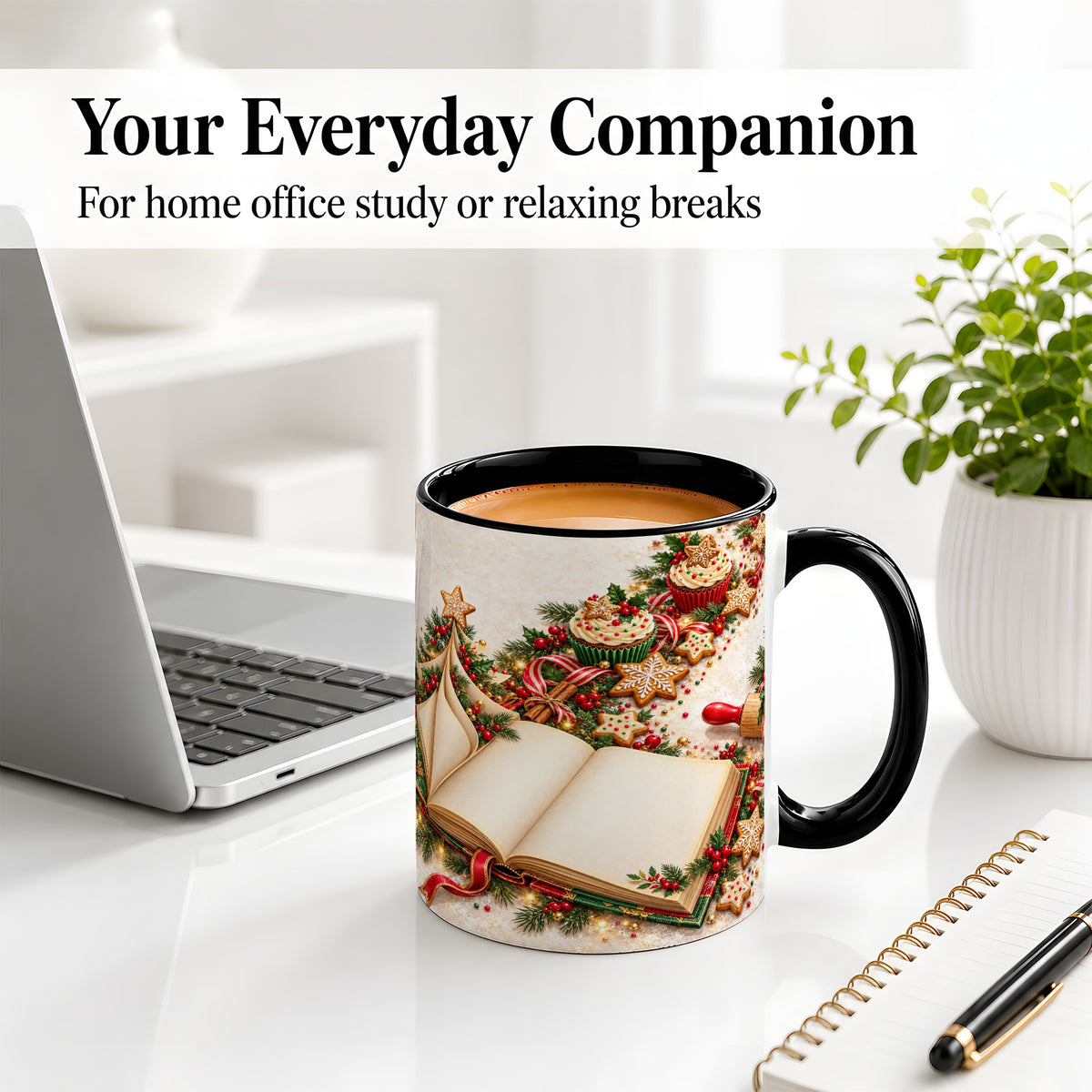#pl[11oz|Black] Christmas Baking Book Accent Ceramic Mug, Festive Illustration