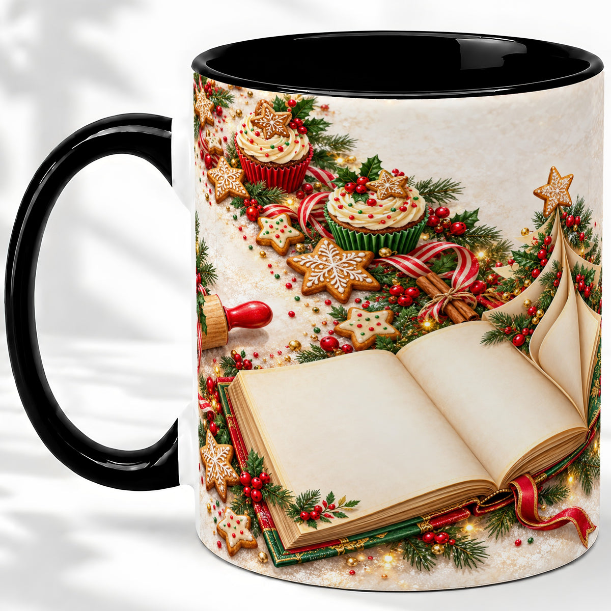 #pl[11oz|Black] Christmas Baking Book Accent Ceramic Mug, Festive Illustration